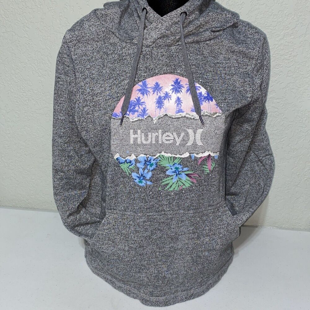Hurley Hawaii Gray Flowers Palm Trees Pullover Hoodie Sweatshirt Womens Size XS